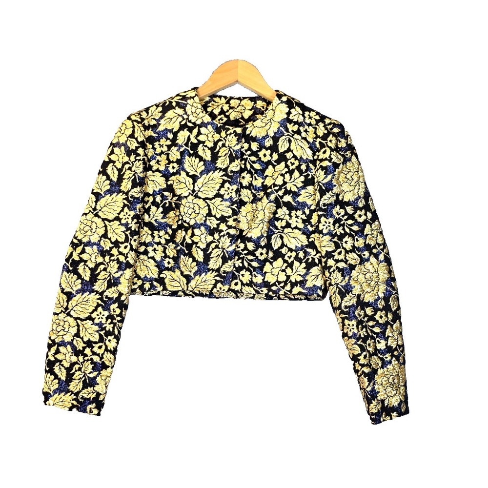 Vtg Gold Blue Metallic Brocade Bolero Jacket Cropped Snap Front Floral Baroque S
